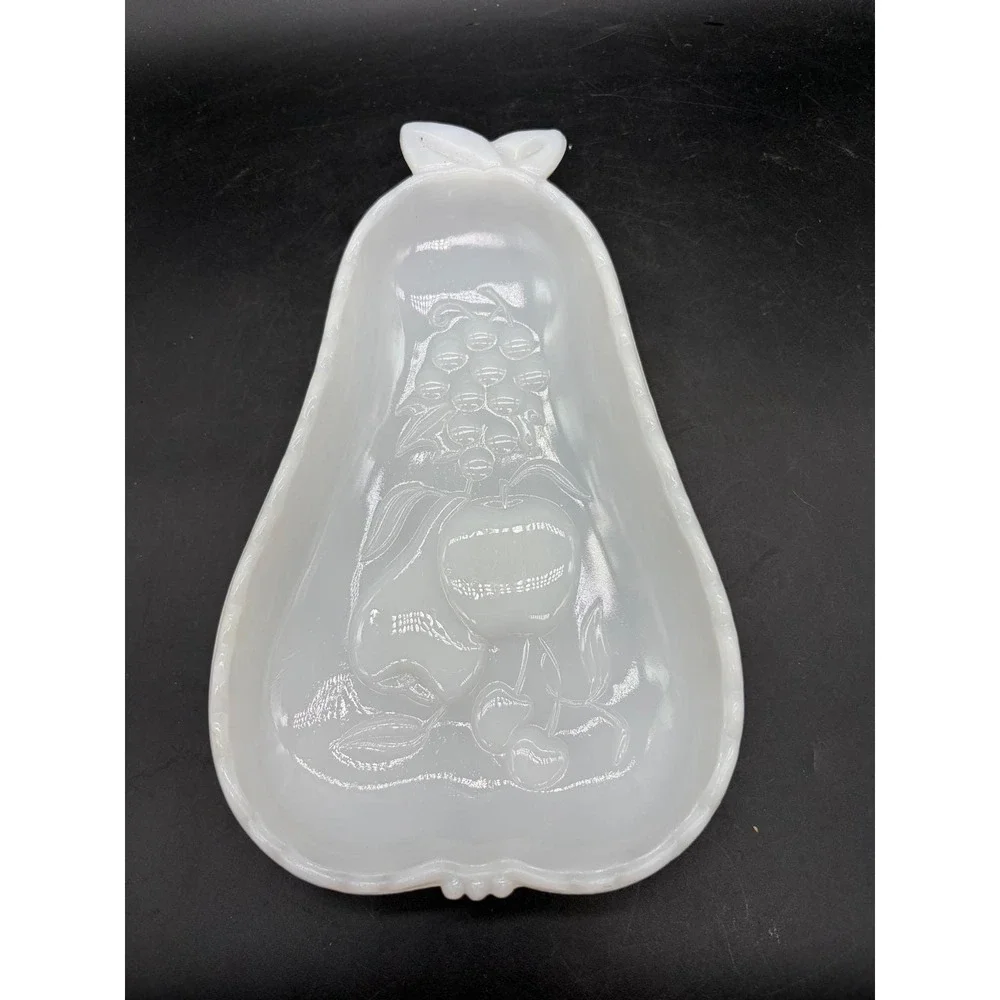 Vintage Milk Glass Pear Shaped Serving Fruit Floral Embossed Trinket Dish White